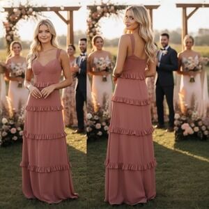 Revelry Dusty Rose Tiered Ruffle Maxi Bridesmaid Wedding Dress Formal Gown Sz 8